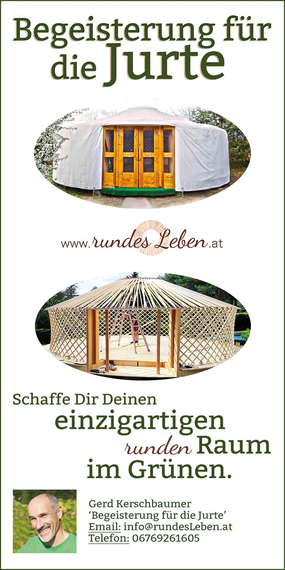 Werbung für Jurten, die verschiedene runde Wohnstrukturen im Freien zeigen, einschließlich einer modernen weißen Plane und einer traditionellen Holzju