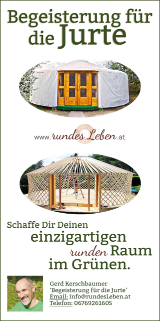 Werbung für Jurten, die verschiedene runde Wohnstrukturen im Freien zeigen, einschließlich einer modernen weißen Plane und einer traditionellen Holzju