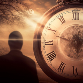 Die Silhouette einer Person steht vor einer großen, antiken Uhr mit römischen Ziffern und einem nebelverhangenen Wald.