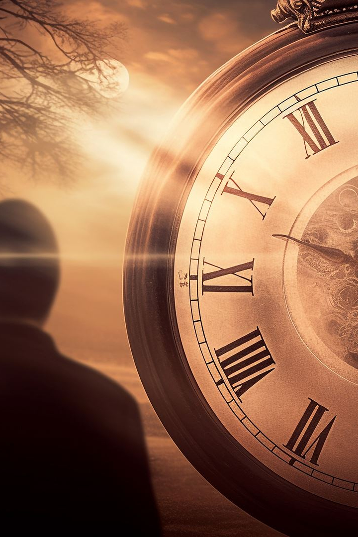 Die Silhouette einer Person steht vor einer großen, antiken Uhr mit römischen Ziffern und einem nebelverhangenen Wald.