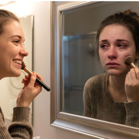 Eine junge Frau wischt sich mit einem Pinsel vor einem Badezimmerspiegel, während ihr Spiegelbild ein besorgtes und melancholisches Gesicht zeigt.