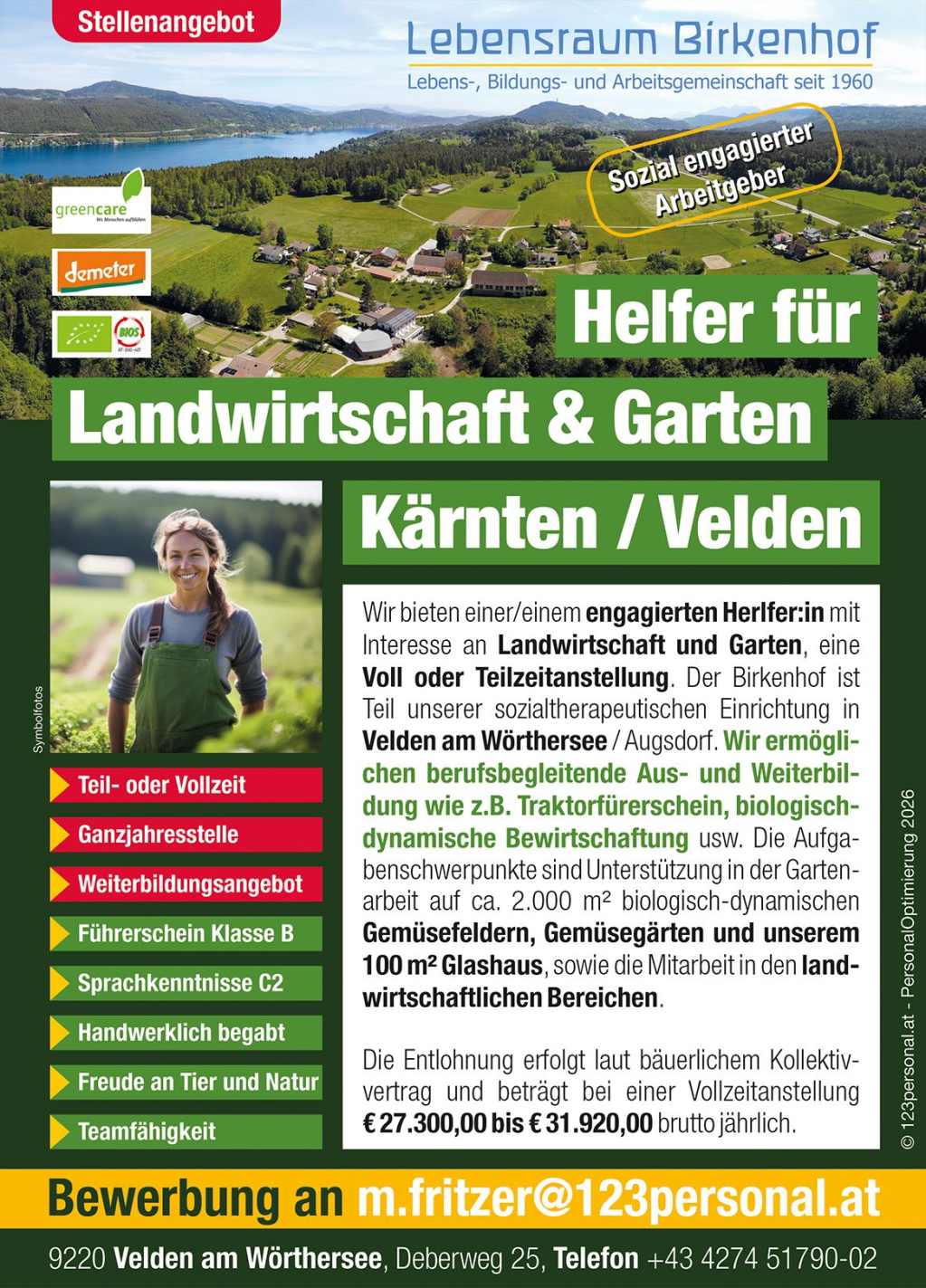 Stelleninserat Helfer Landwirtschaft & Garten