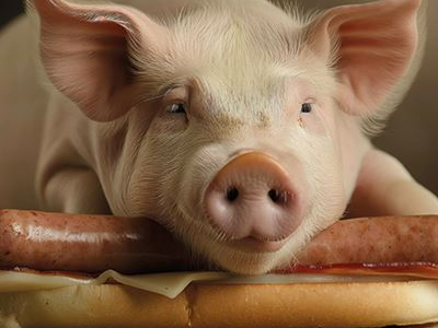 Tierethik - Schwein auf Bratwurst quadratisch